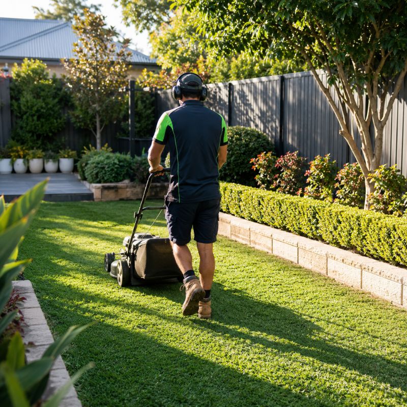 Garden maintenance Penrith, a local gardener mowing and tidying a residential backyard