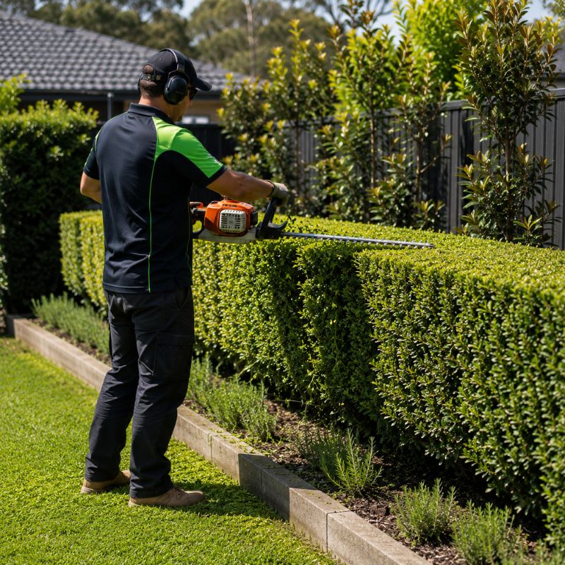 Gardener trimming a hedge into shape as part of ongoing garden maintenance