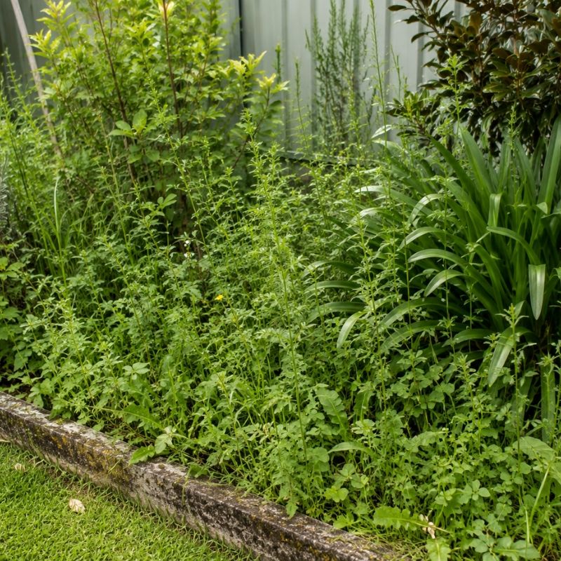 Overgrown garden bed with weeds crowding out established plants before weed removal