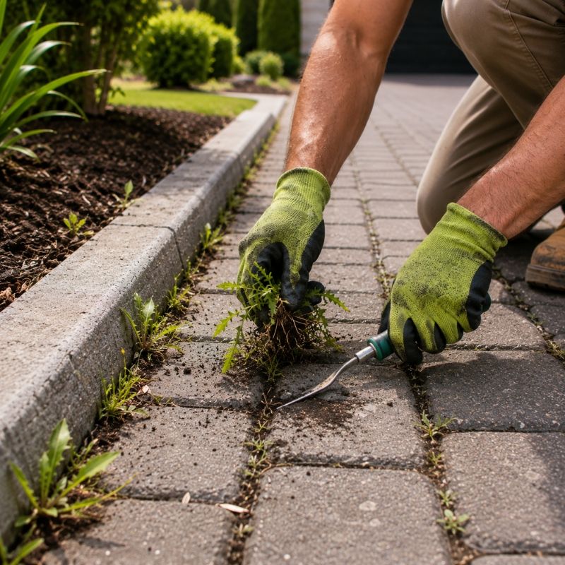 Weeds being removed from between pavers and along a driveway edge