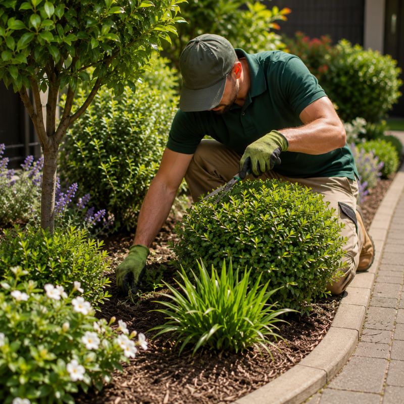 Gardener weeding a bed and pruning shrubs during a regular maintenance visit