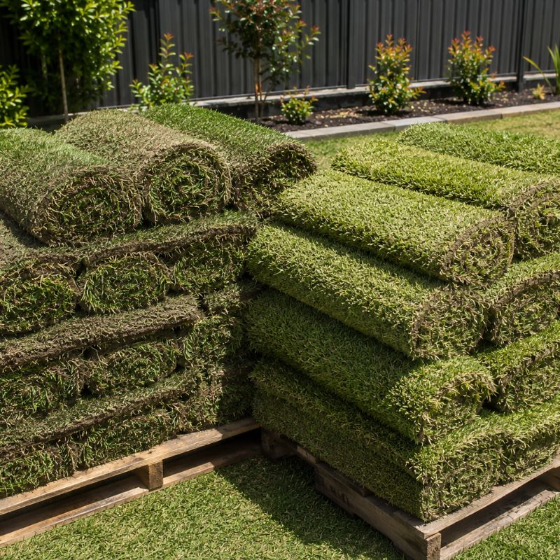 Fresh turf rolls of buffalo and kikuyu grass stacked and ready for laying
