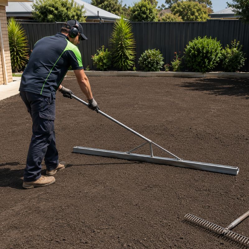 Landscaper levelling and preparing soil for turf laying with a rake and screed