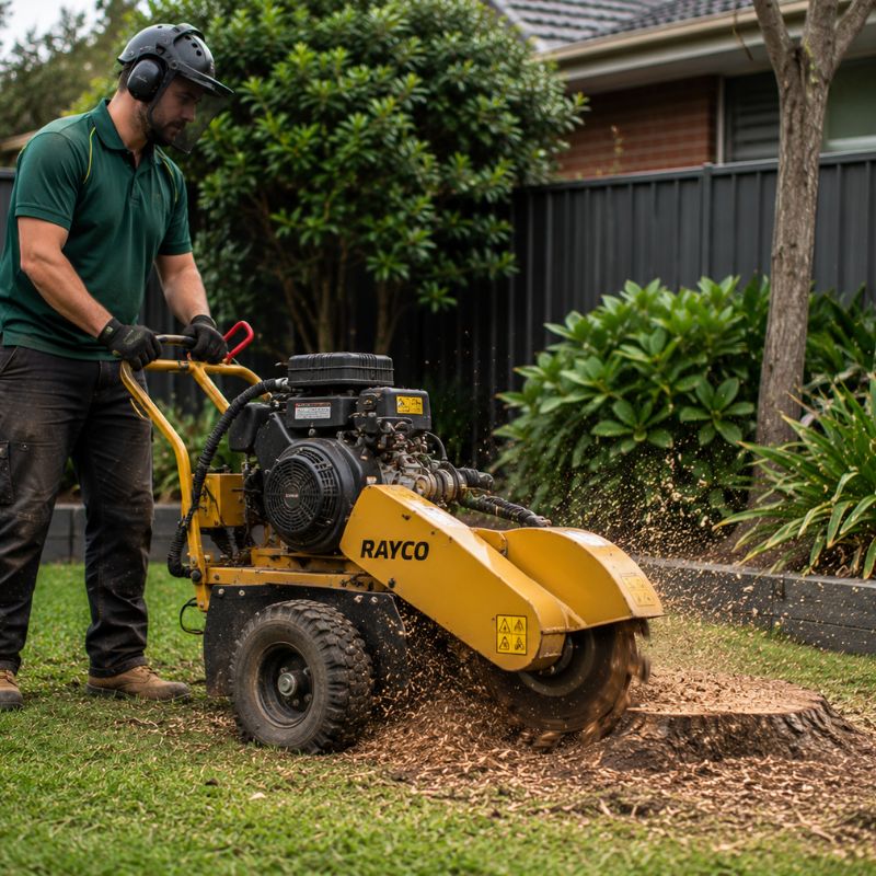 Stump grinding machine removing a tree stump below ground level in a Penrith yard