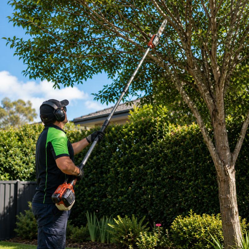 Landscaper tree trimming and pruning the canopy of a garden tree with a pole saw