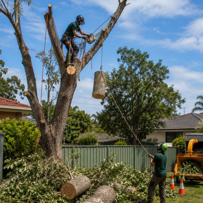 Arborist removing a large tree in sections with ropes in a Penrith backyard