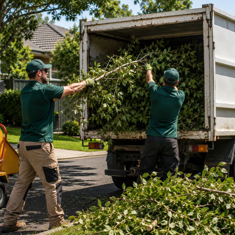 Green Garden Landscapers crew loading cut tree branches and green