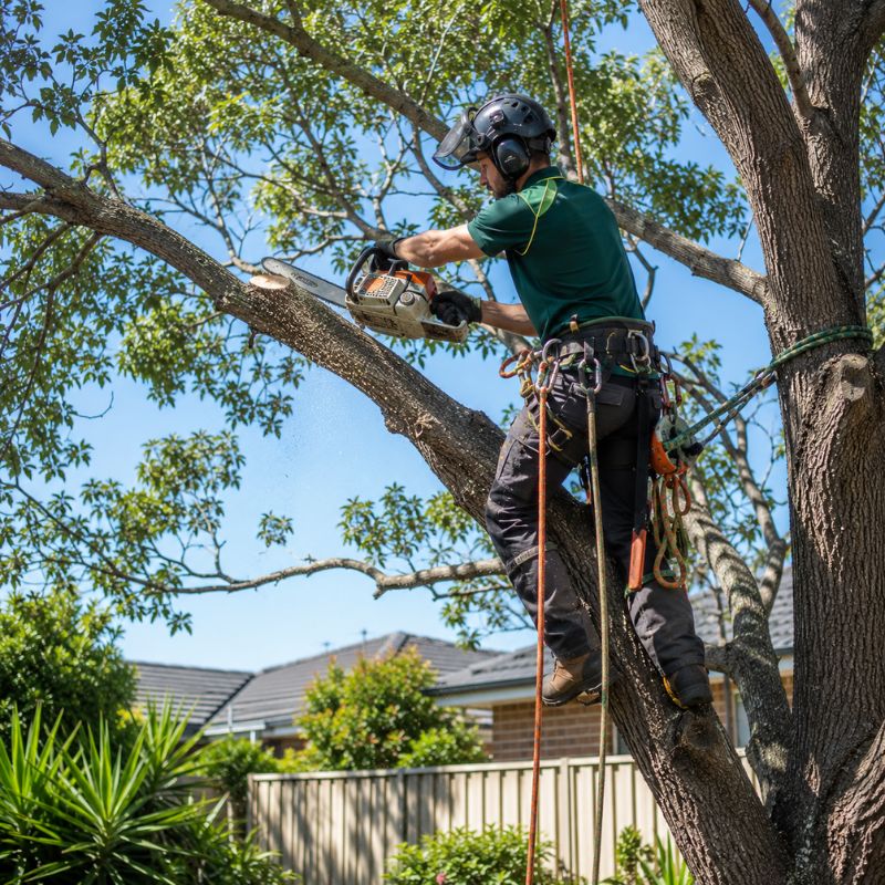 Tree services Penrith arborist pruning a large backyard tree with a chainsaw and rope
