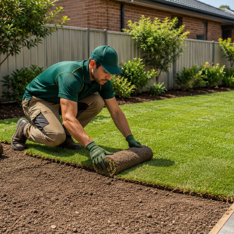 Turf laying Penrith backyard with fresh green rolls laid over prepared soil and a clean lawn edge