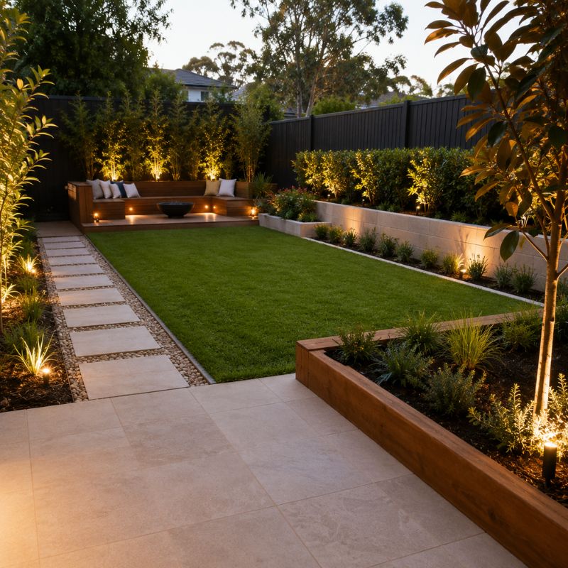 Finished backyard landscape design with defined lawn, paving and planting zones