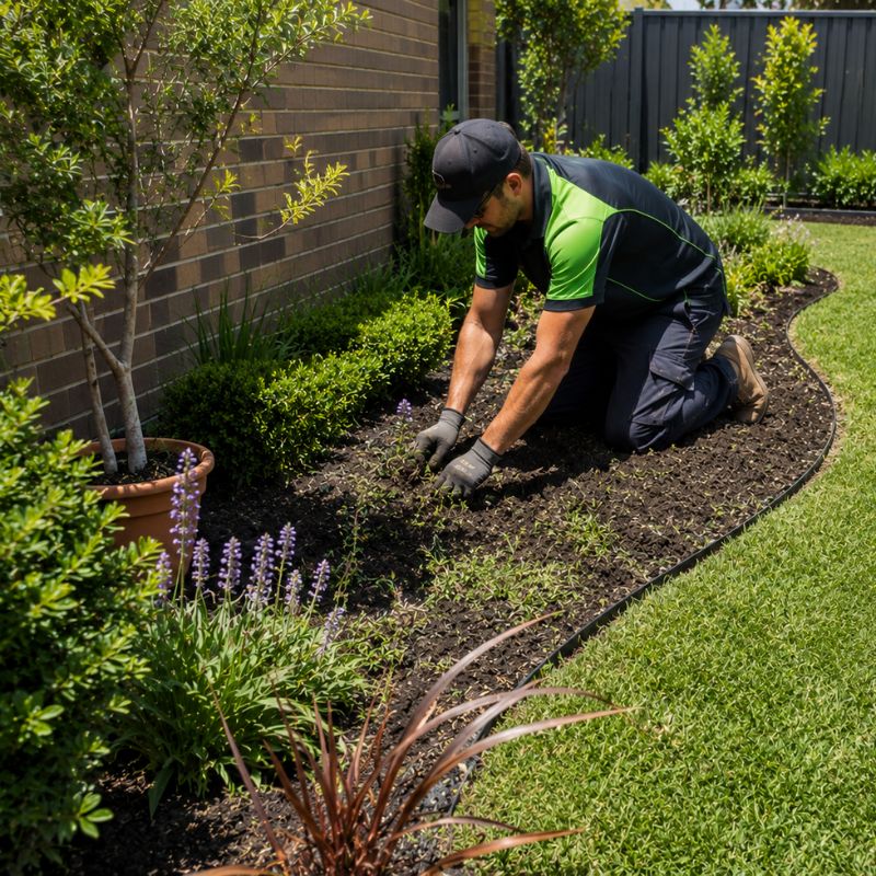 Landscaper weeding and preparing a garden bed before spreading mulch