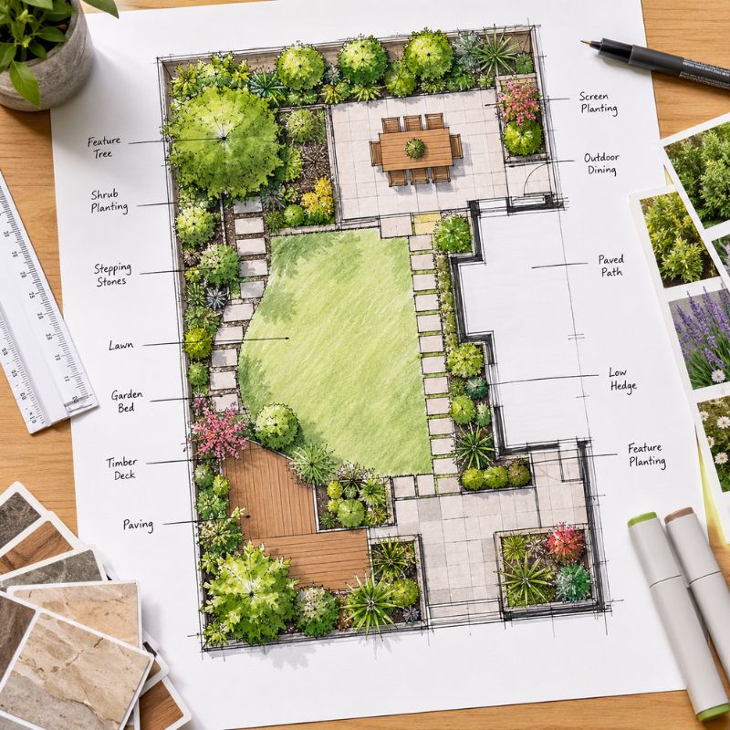 Detailed landscape design plan showing garden layout, planting and paving