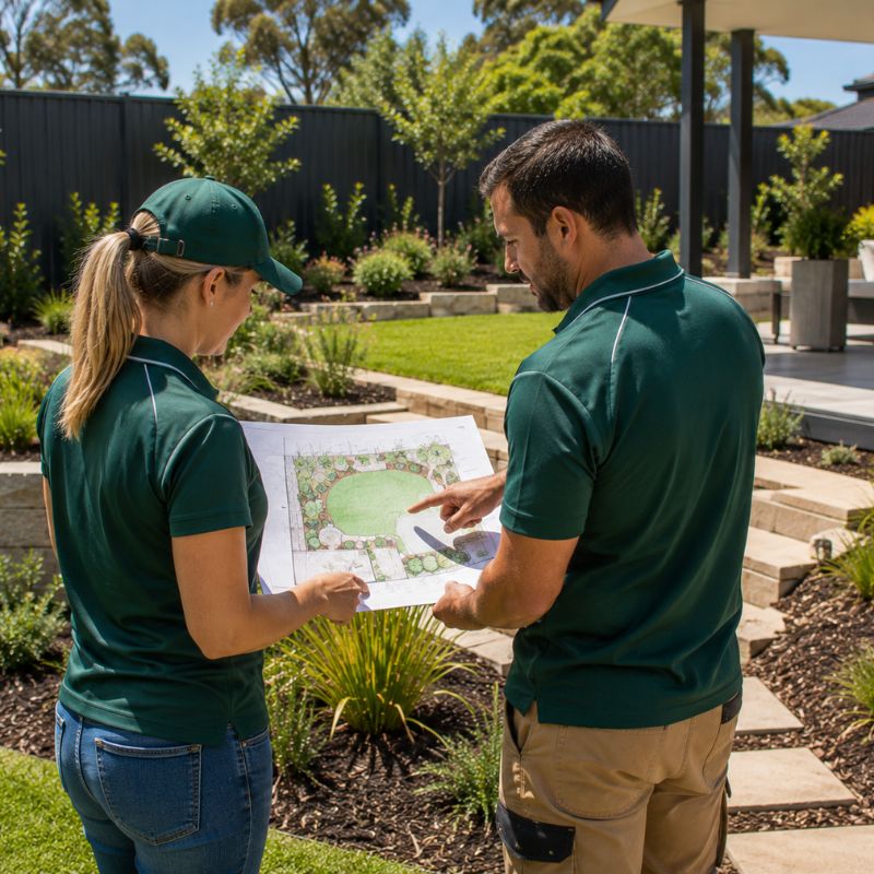 Landscape designers in Penrith reviewing a garden design plan on site