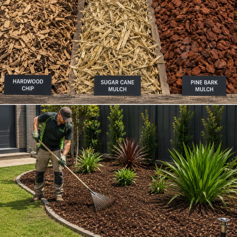 Landscaper spreading mulch evenly across a garden bed with a rake