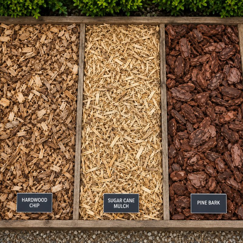 Different mulch types including hardwood chip, sugar cane and pine bark laid side by side