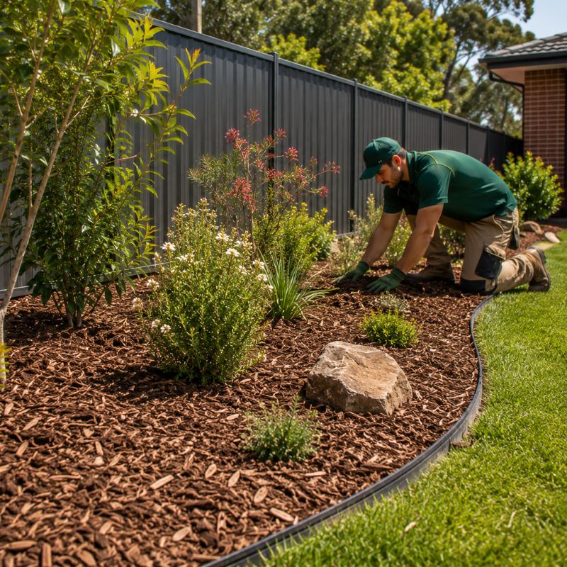 Mulching Penrith garden bed with fresh hardwood chip mulch spread around native shrubs