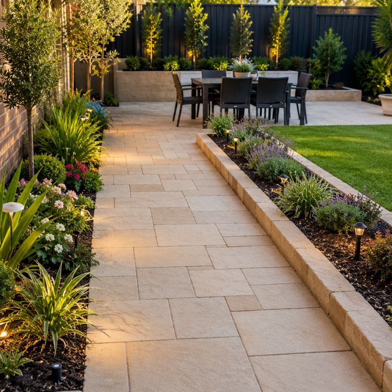 Paved garden path and patio area running alongside planted garden beds in a Penrith backyard