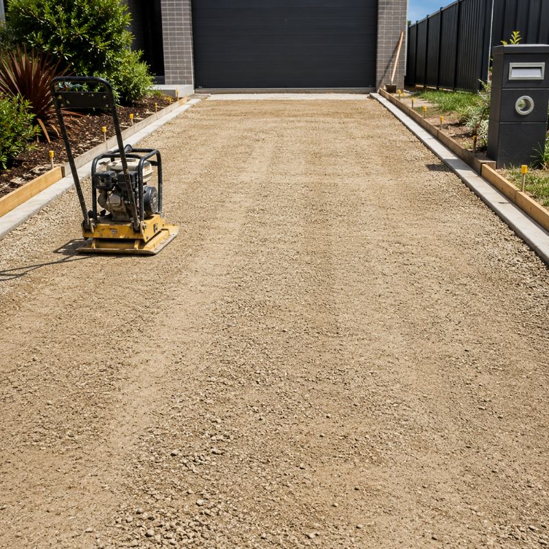 Compacted road base being prepared before pavers are laid on a Penrith driveway