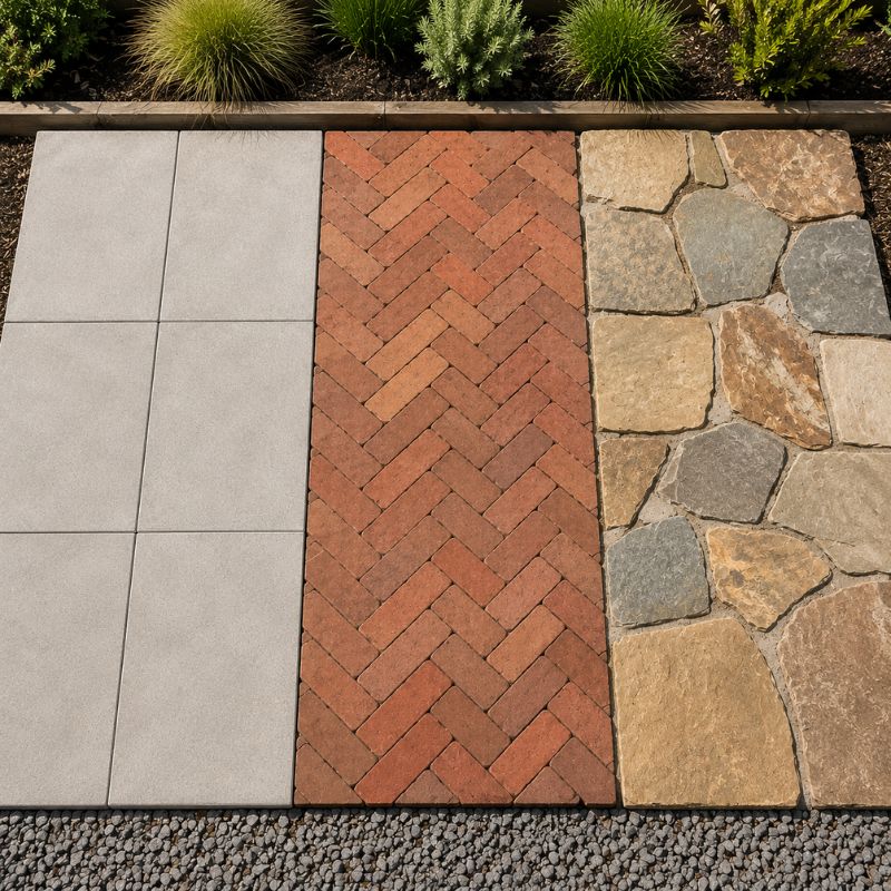 Paving Penrith driveway and entertaining area finished with concrete pavers beside a tidy garden