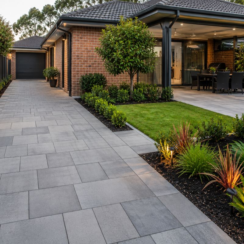 Paving Penrith driveway and entertaining area finished with concrete pavers beside a tidy garden