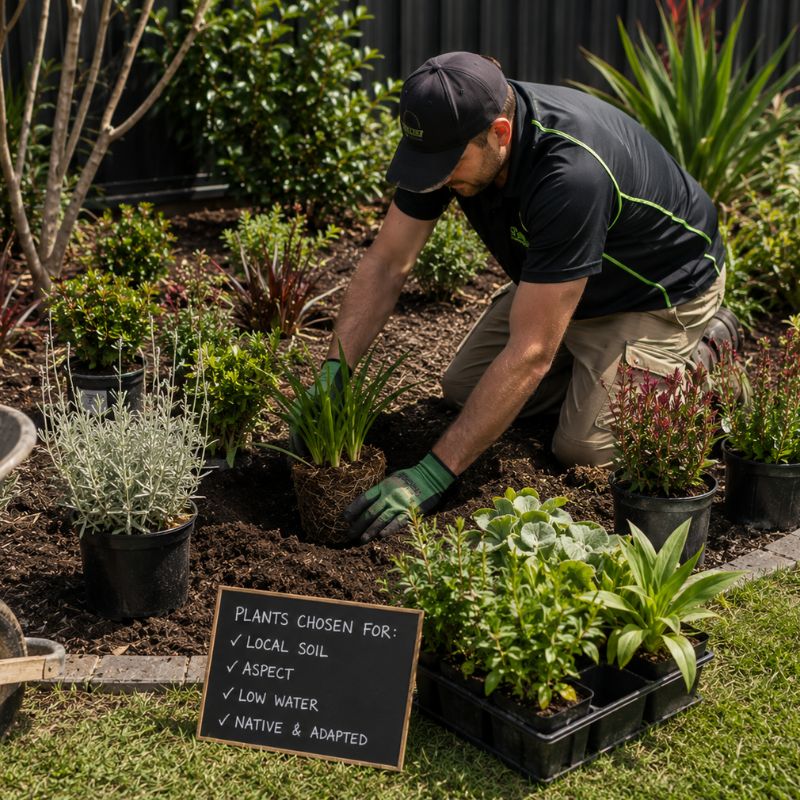 Plant selection and garden bed planting chosen for local soil and aspect