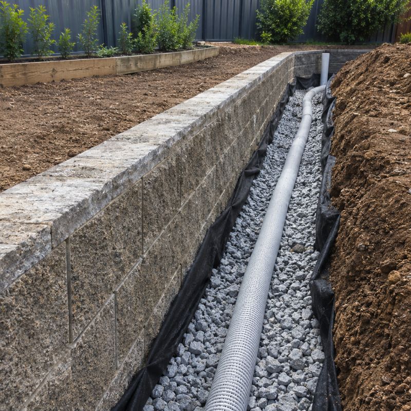Aggregate drainage and ag pipe installed behind a retaining wall before backfilling