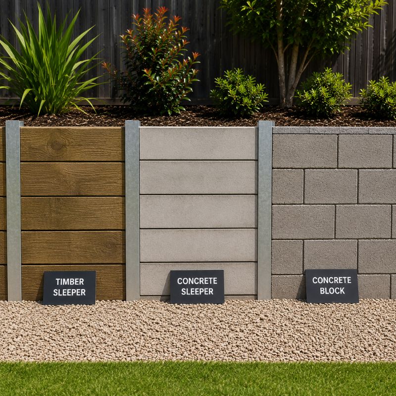 Timber sleeper, concrete sleeper and concrete block retaining wall materials compared side by side