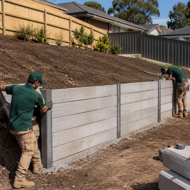 Retaining walls Penrith project with builders installing a concrete sleeper wall across a sloping backyard
