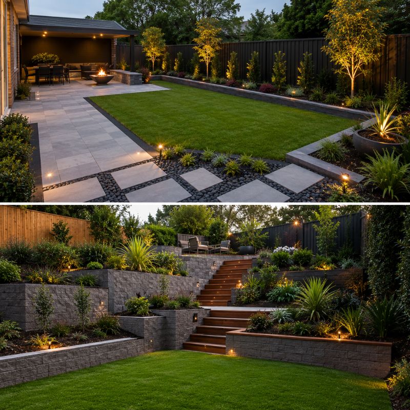 Landscape design for a sloped block using retaining walls and level changes
