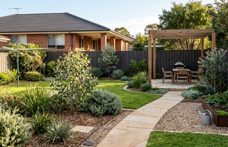 Penrith backyard with drought-tolerant native landscaping and natural stone paving